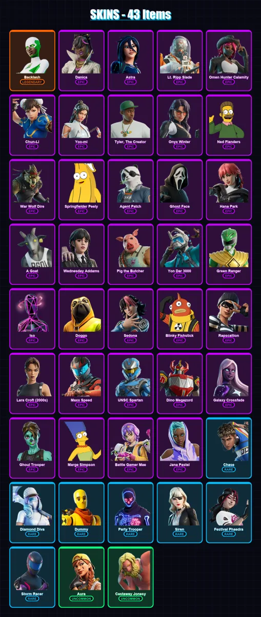 [PC/XBOX/PSN] | Backlash | Danica | Astra | Lt. Ripp Slade | Omen Hunter Calamity | 43 skin | 46 pickaxe | 52 emote | 22 glider | Lv296 — Fortnite account