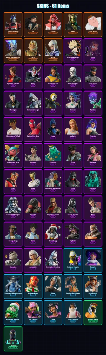 [PS4/PS5/PC] | Optimus Prime | Era | Valeria | Hades | Peter Griffin | 61 skin | 73 pickaxe | 65 emote | 51 glider | Lv839