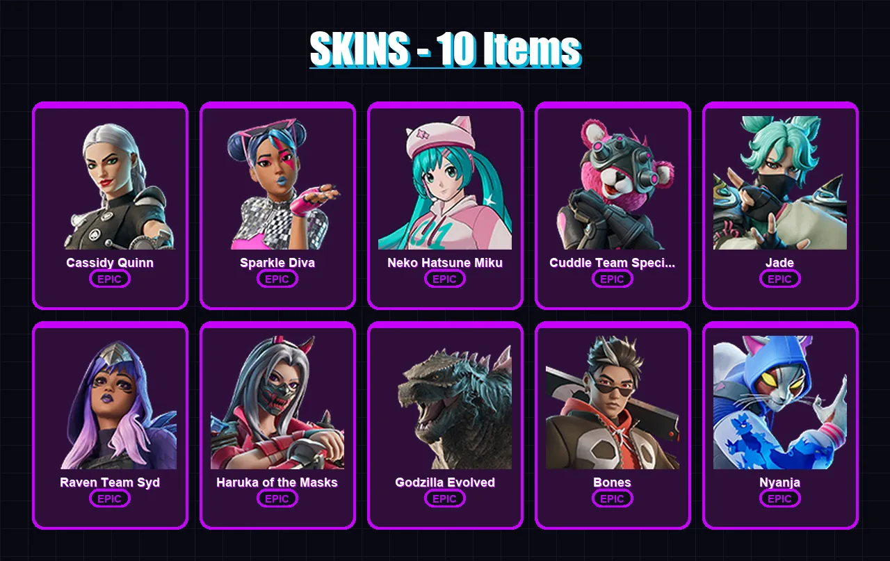 [SWITCH/XBOX/PSN/PC] | Cassidy Quinn | Sparkle Diva | Neko Hatsune Miku | 10 skin | Lv73