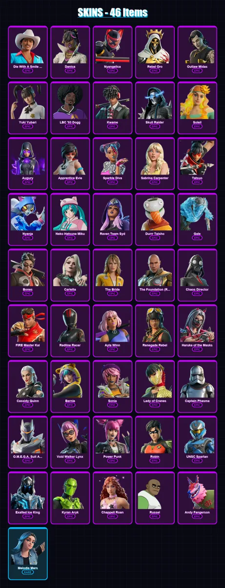 [PC/PSN] | Die With A Smile Bruno | Danica | Nyangelica | Rebel Oro | Outlaw Midas | 46 skin | 24 pickaxe | 5 emote | 6 glider | Lv25