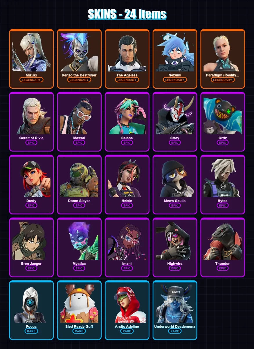 [PS4/PS5/XBOX/PC] | Mizuki | Renzo the Destroyer | The Ageless | Nezumi | Paradigm (Reality-659) | 24 skin | 34 pickaxe | 43 emote | 41 glider | Lv7