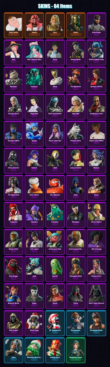 [PC/XBOX/PSN] | Peter Griffin | Valeria | Zeus | Hades | Solid Snake | 64 skin | 105 pickaxe | 63 emote | 64 glider | Lv918 — Fortnite account