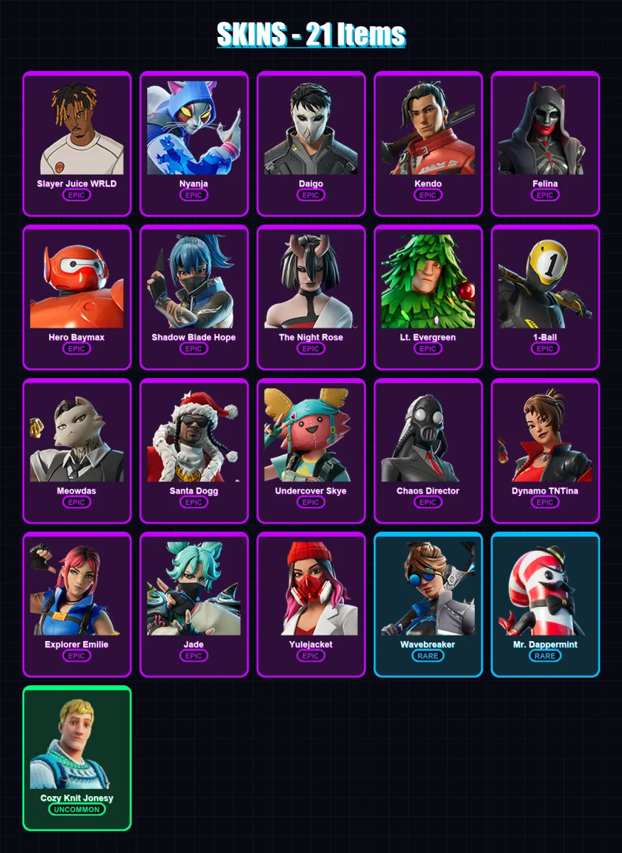 [PS4/PS5/XBOX/PC] | Slayer Juice WRLD | Nyanja | Daigo | Kendo | Felina | 21 skin | 30 pickaxe | 21 emote | 21 glider | Lv298