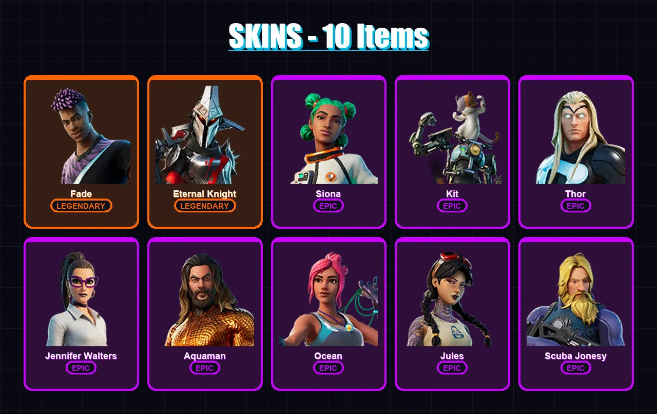 [PS4/PS5/XBOX/PC] | Fade | Eternal Knight | Siona | Kit | Thor | 10 skin | 14 pickaxe | 11 emote | 17 glider | Lv179