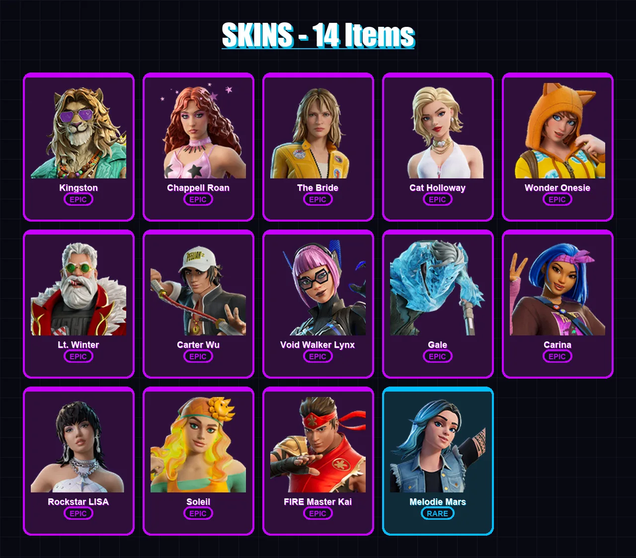 [PC/XBOX/PSN] | Kingston | Chappell Roan | The Bride | Cat Holloway | Wonder Onesie | 14 skin | 21 pickaxe | 15 emote | 14 glider | Lv69