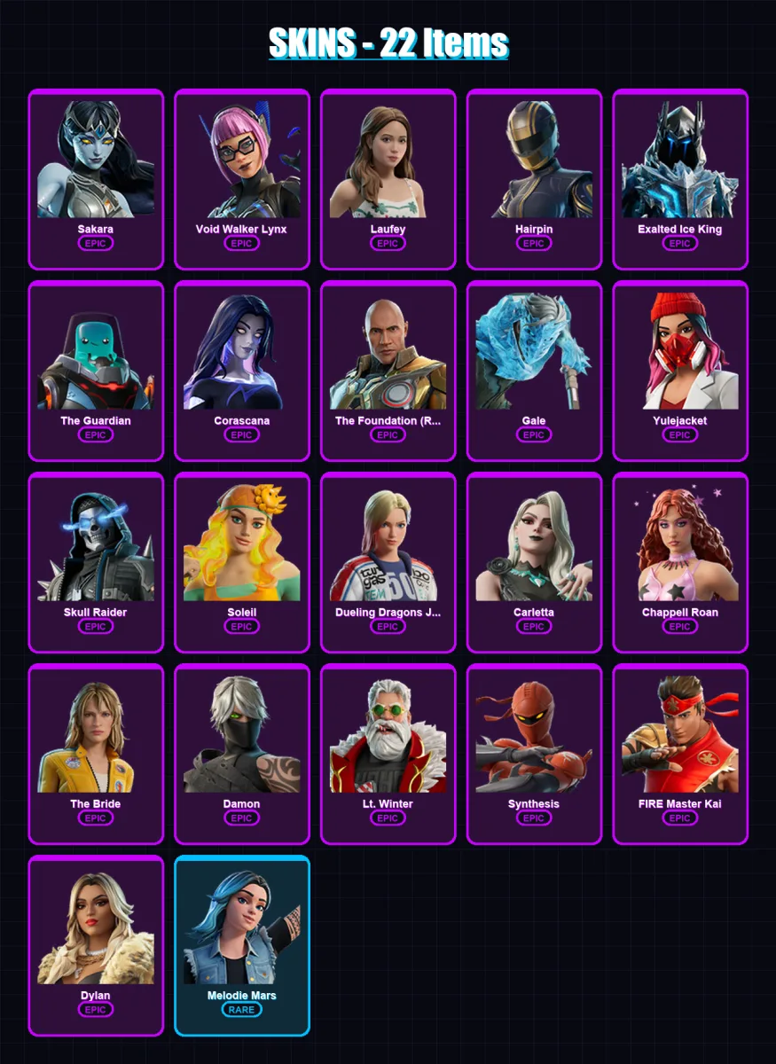 [PC/XBOX/PSN] | Sakara | Void Walker Lynx | Laufey | Hairpin | Exalted Ice King | 22 skin | 30 pickaxe | 9 emote | 19 glider | Lv107