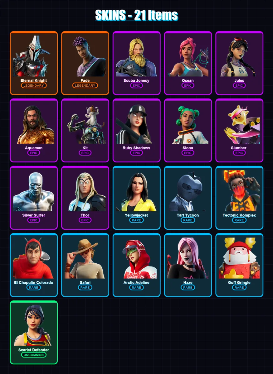 [PC/XBOX/PSN] | Eternal Knight | Fade | Scuba Jonesy | Ocean | Jules | 21 skin | 26 pickaxe | 29 emote | 32 glider | Lv459