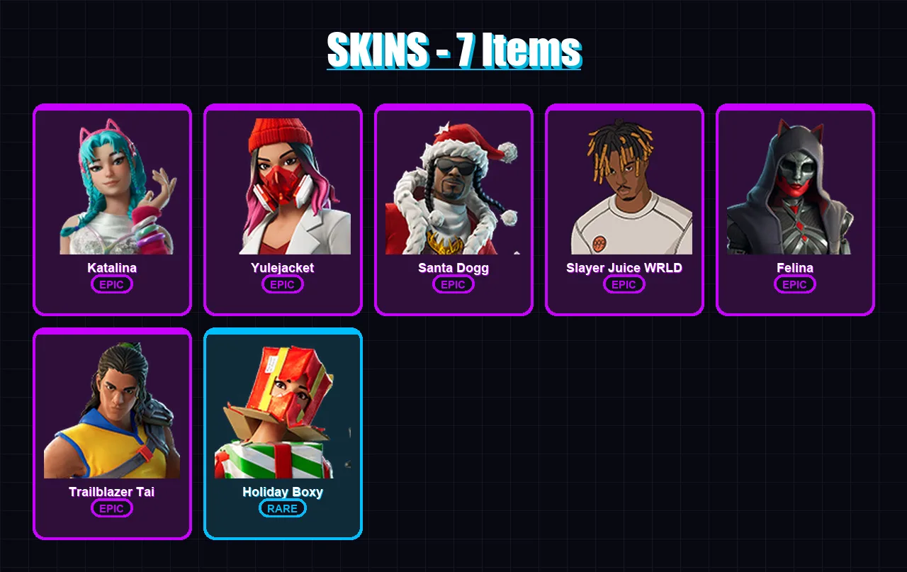 [PC/PSN] | Katalina | Yulejacket | Santa Dogg | Slayer Juice WRLD | Felina | 7 skin | 25 pickaxe | 12 emote | 9 glider | Lv235