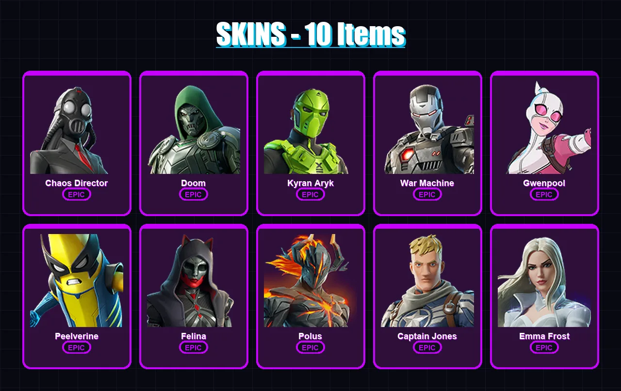 [PC/XBOX] | Chaos Director | Doom | Kyran Aryk | War Machine | Gwenpool | 10 skin | 25 pickaxe | 10 emote | 17 glider | Lv119 — Fortnite account