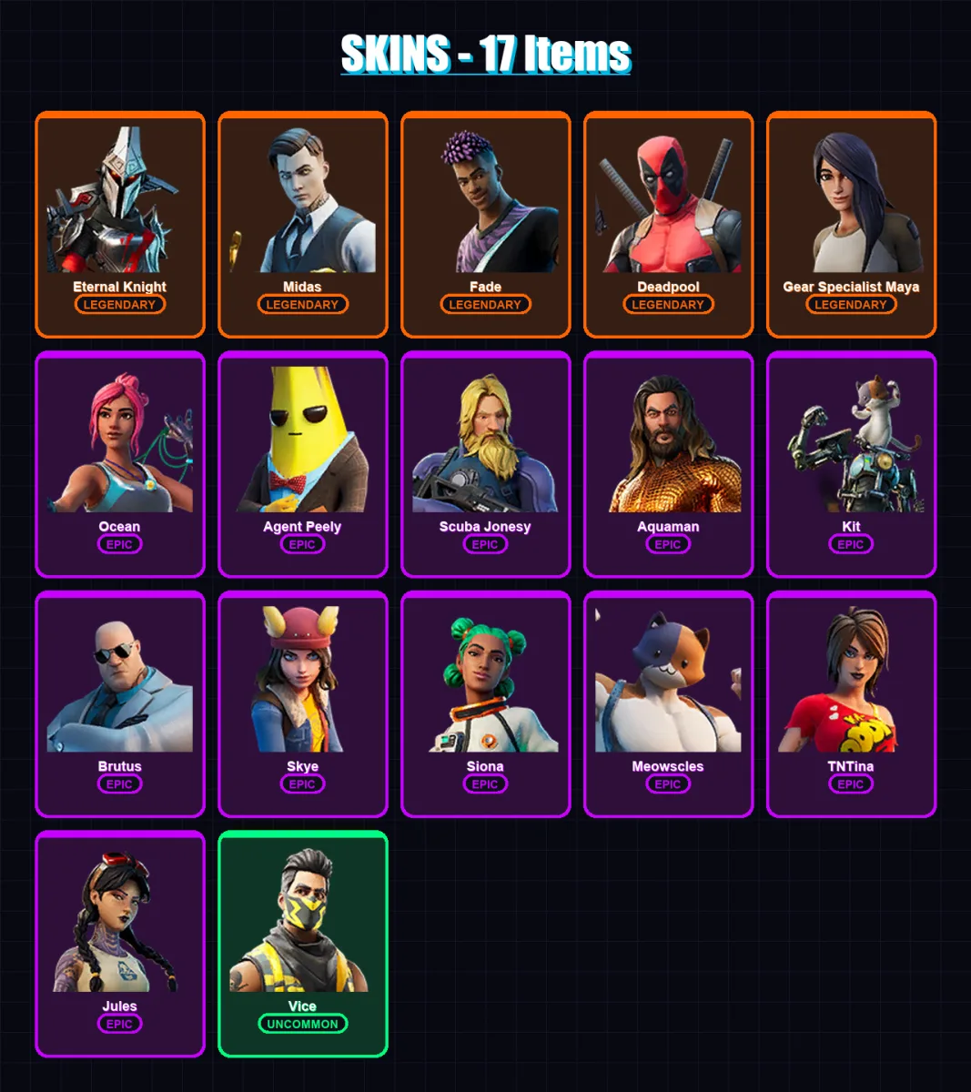 [PC/XBOX/PSN] | Eternal Knight | Midas | Fade | Deadpool | Gear Specialist Maya | 17 skin | 20 pickaxe | 27 emote | 23 glider | Lv269