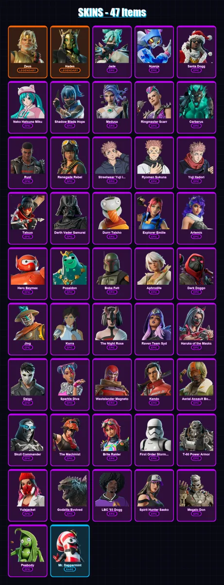 [PC/XBOX/PSN] | Zeus | Hades | Jade | Nyanja | Santa Dogg | 47 skin | 71 pickaxe | 44 emote | 46 glider | Lv608