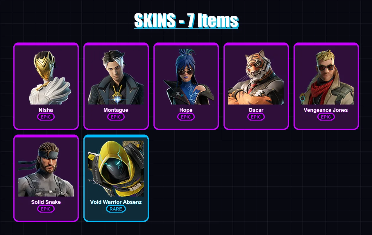 [PC/XBOX/PSN] | Nisha | Montague | Hope | Oscar | Vengeance Jones | 7 skin | 10 pickaxe | 9 emote | 7 glider | Lv92