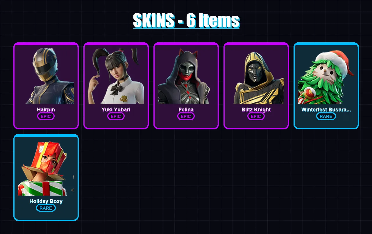[PS4/PS5/XBOX/PC] | Hairpin | Yuki Yubari | Felina | Blitz Knight | Winterfest Bushranger | 6 skin | 50 pickaxe | 31 emote | 36 glider | Lv595