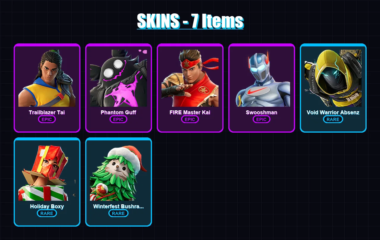 [PC/XBOX] | Trailblazer Tai | Phantom Guff | FIRE Master Kai | Swooshman | Void Warrior Absenz | 7 skin | 24 pickaxe | 14 emote | 17 glider | Lv466