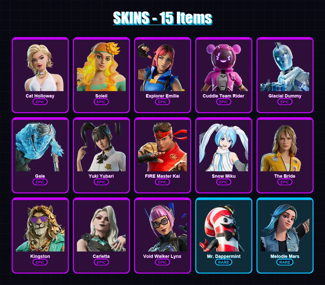 [PC/PSN] | Cat Holloway | Soleil | Explorer Emilie | Cuddle Team Rider | Glacial Dummy | 15 skin | 22 pickaxe | 12 emote | 11 glider | Lv81
