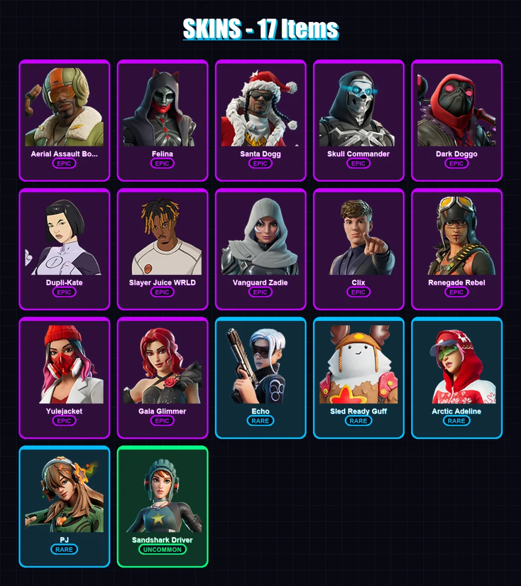 [PC/XBOX/PSN] | Aerial Assault Bomber | Felina | Santa Dogg | Skull Commander | Dark Doggo | 17 skin | 44 pickaxe | 15 emote | 26 glider | Lv1105