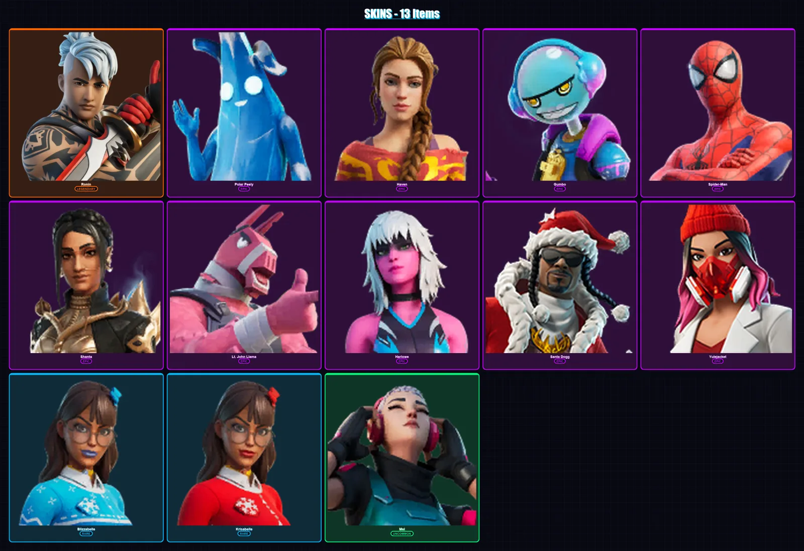 [PC/XBOX/PSN] | Ronin | Polar Peely | Haven | Gumbo | Spider-Man | 13 skin | 16 pickaxe | 11 emote | 12 glider | Lv119