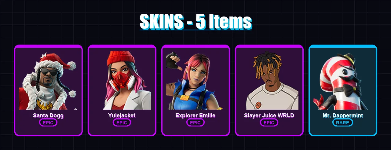 [PC/PSN] | Santa Dogg | Yulejacket | Explorer Emilie | Slayer Juice WRLD | Mr. Dappermint | 5 skin | 17 pickaxe | 11 emote | 15 glider | Lv145