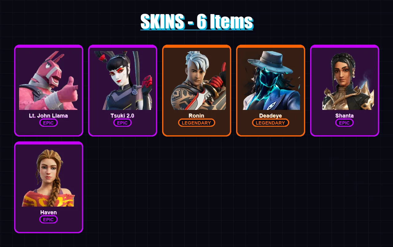 [PC/XBOX] | Lt. John Llama | Tsuki 2.0 | Ronin | Deadeye | Shanta | 6 skin | 6 pickaxe | 5 emote | 11 glider | Lv105