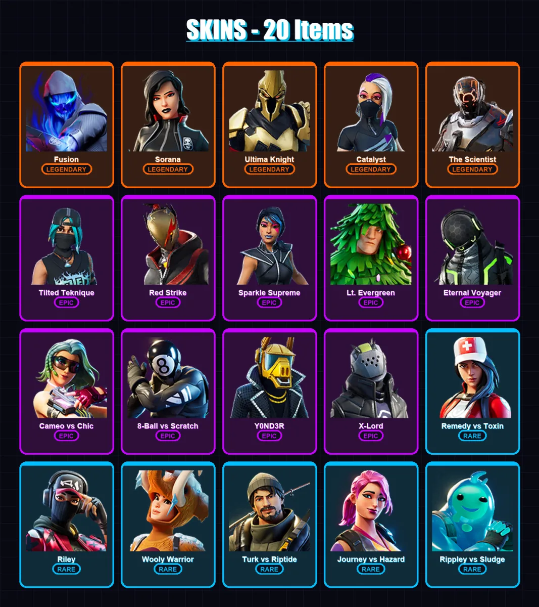 [PS4/PS5/XBOX/PC] | Fusion | Sorana | Ultima Knight | Catalyst | The Scientist | 20 skin | 23 pickaxe | 19 emote | 24 glider | Lv316