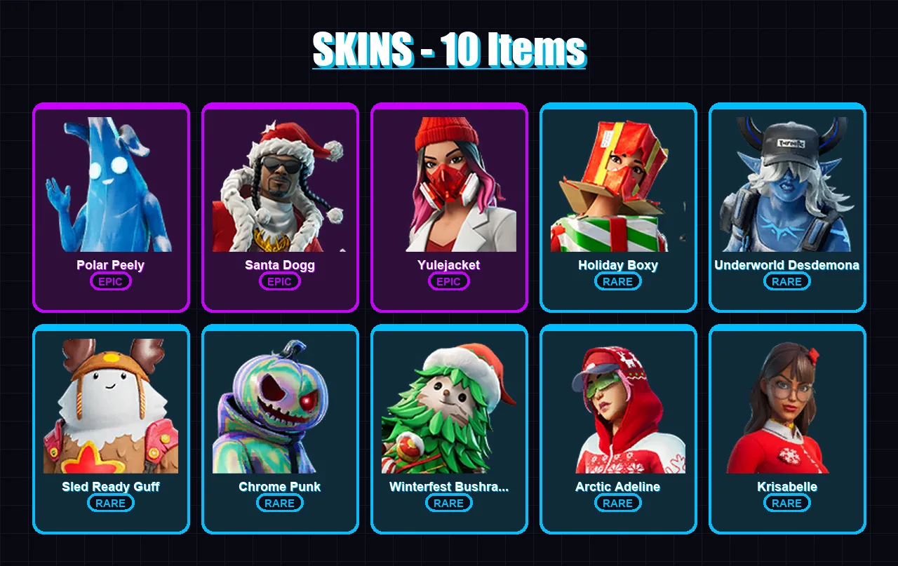 [PS4/PS5/XBOX/PC] | Polar Peely | Santa Dogg | Yulejacket | Holiday Boxy | Underworld Desdemona | 10 skin | 30 pickaxe | 25 emote | 35 glider | Lv56