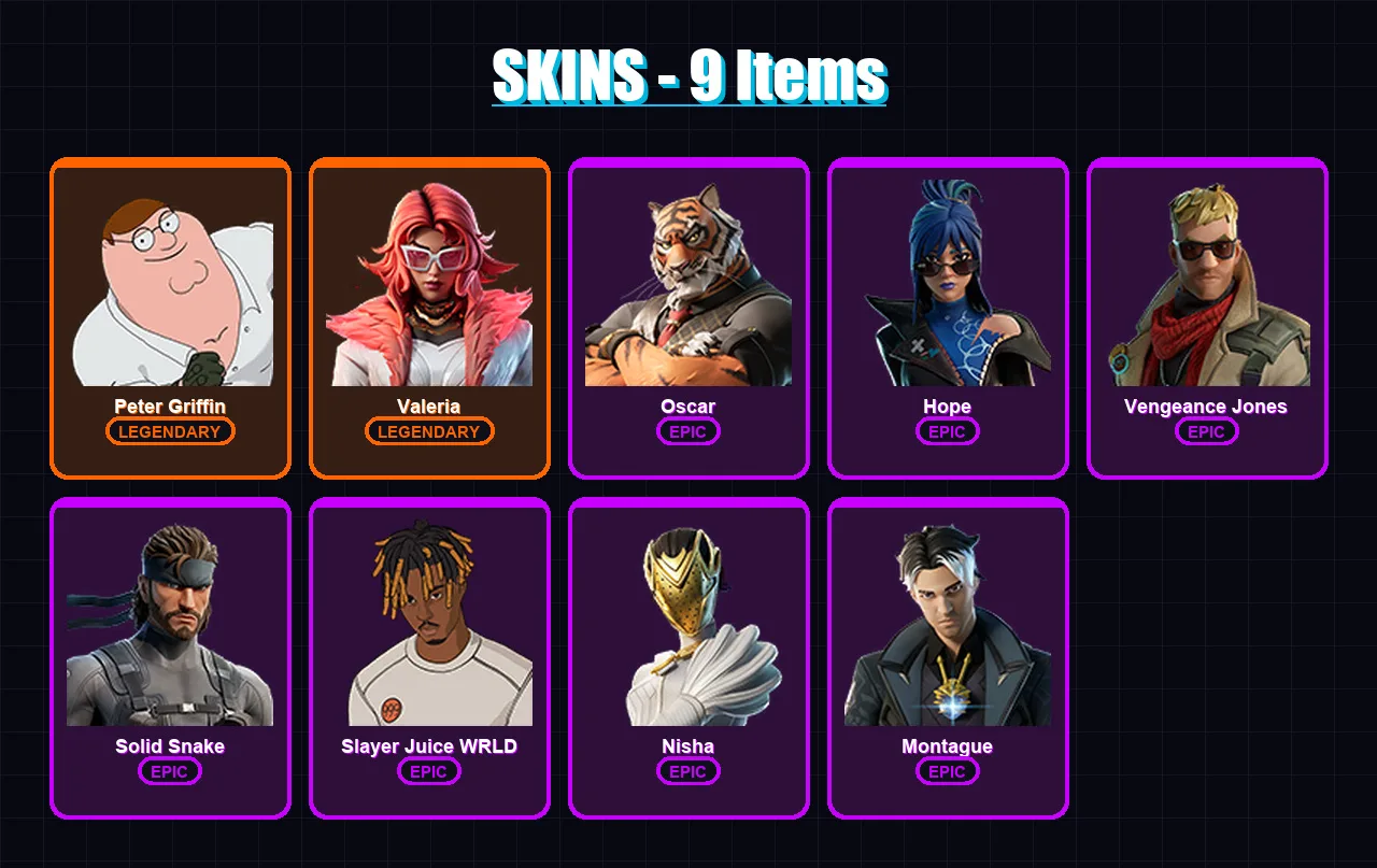 [PC/XBOX/PSN] | Peter Griffin | Valeria | Oscar | Hope | Vengeance Jones | 9 skin | 21 pickaxe | 22 emote | 16 glider | Lv236