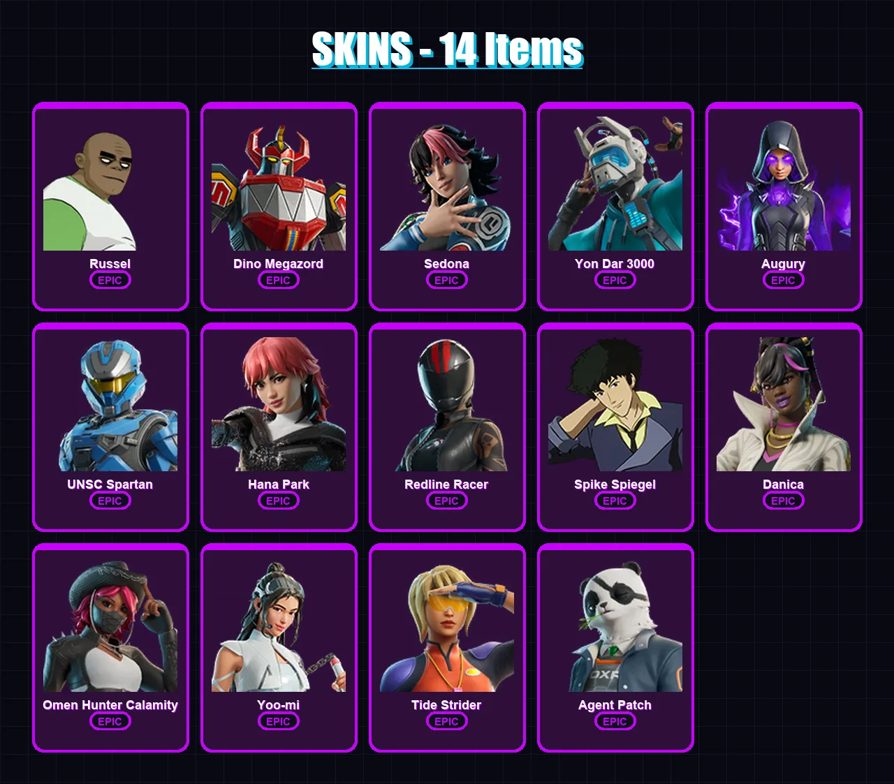 [PC/XBOX/PSN] | Russel | Dino Megazord | Sedona | Yon Dar 3000 | Augury | 14 skin | 20 pickaxe | 17 emote | 12 glider | Lv96 — Fortnite account