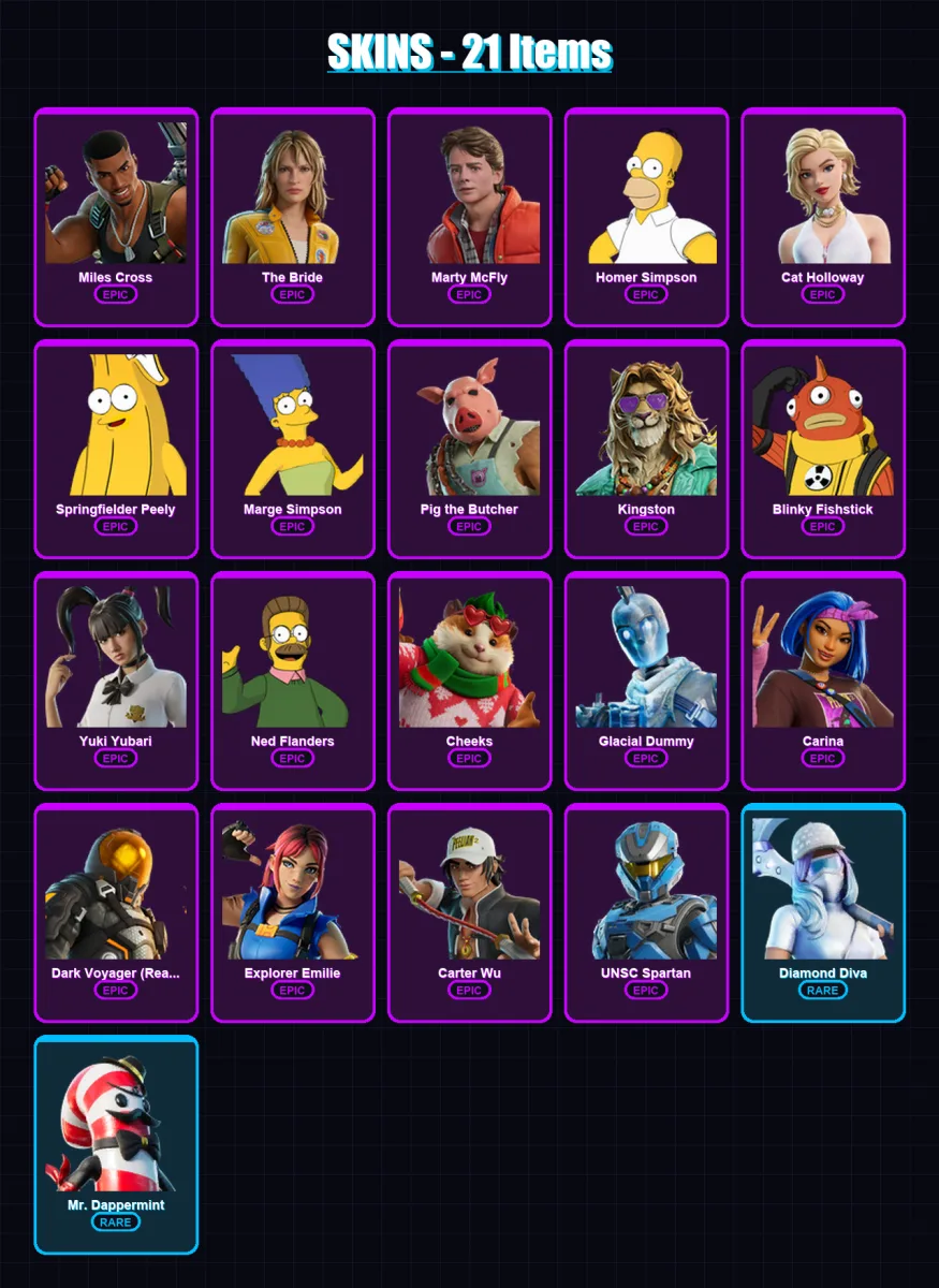 [PC/XBOX/PSN] | Miles Cross | The Bride | Marty McFly | Homer Simpson | Cat Holloway | 21 skin | 41 pickaxe | 25 emote | 29 glider | Lv293