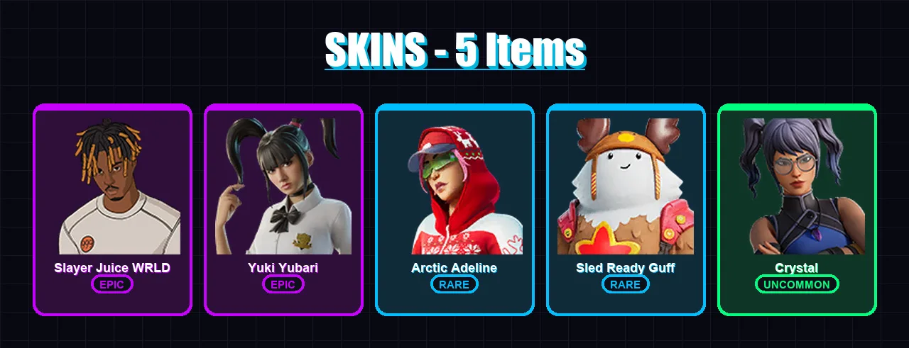 [PS4/PS5/XBOX/PC] | Slayer Juice WRLD | Yuki Yubari | Arctic Adeline | Sled Ready Guff | Crystal | 5 skin | 19 pickaxe | 8 emote | 16 glider | Lv215