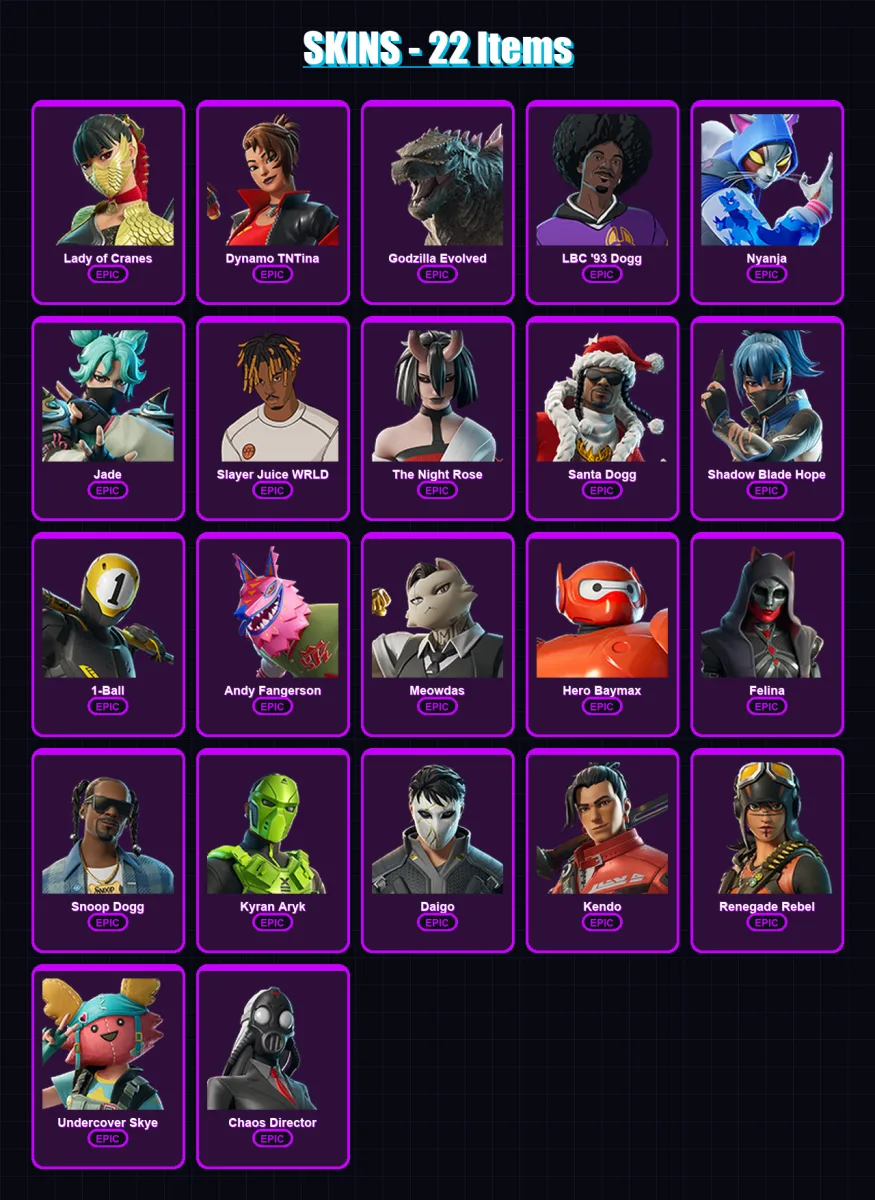 [PC/XBOX/PSN] | Lady of Cranes | Dynamo TNTina | Godzilla Evolved | LBC '93 Dogg | Nyanja | 22 skin | 40 pickaxe | 24 emote | 25 glider | Lv462 — Fortnite account