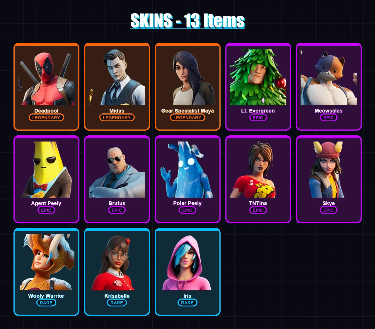 [SWITCH/XBOX/PSN/PC] | Deadpool | Midas | Gear Specialist Maya | Lt. Evergreen | Meowscles | 13 skin | 26 pickaxe | 38 emote | 28 glider | Lv668 — Fortnite account