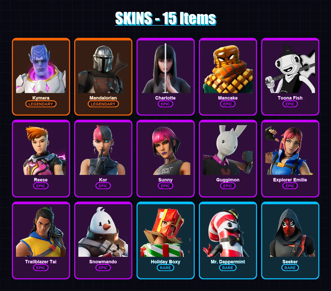 [PC/PSN] | Kymera | Mandalorian | Charlotte | Mancake | Toona Fish | 15 skin | 26 pickaxe | 15 emote | 22 glider | Lv235