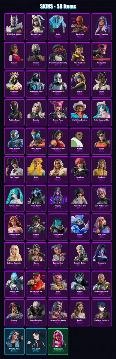 [SWITCH/PSN/PC] | O.M.E.G.A. Suit Alpha | Bunnii O'Hare | Gale | Synthesis | Raven Team Syd | 58 skin | 29 pickaxe | 11 emote | 5 glider | Lv16