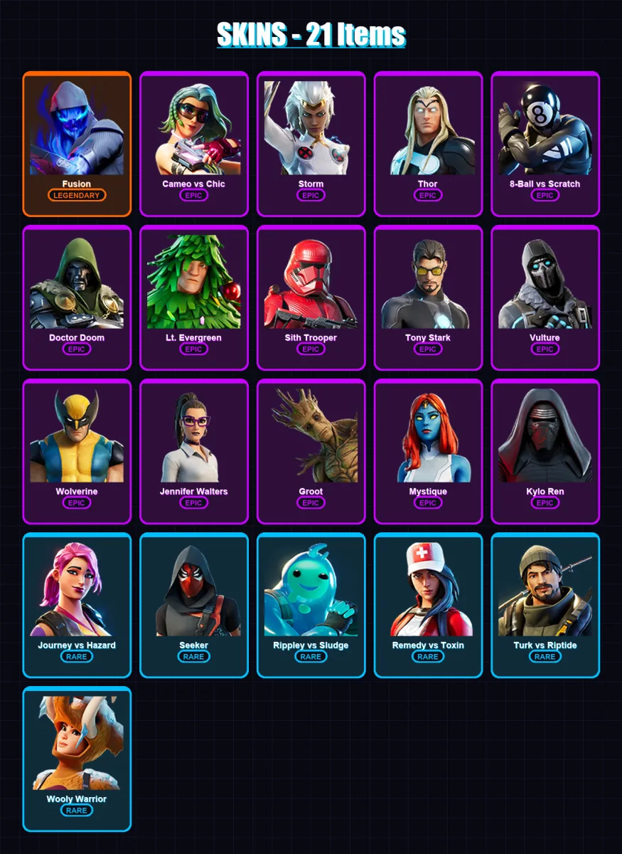 [PS4/PS5/XBOX/PC] | Fusion | Cameo vs Chic | Storm | Thor | 8-Ball vs Scratch | 21 skin | 31 pickaxe | 24 emote | 30 glider | Lv422