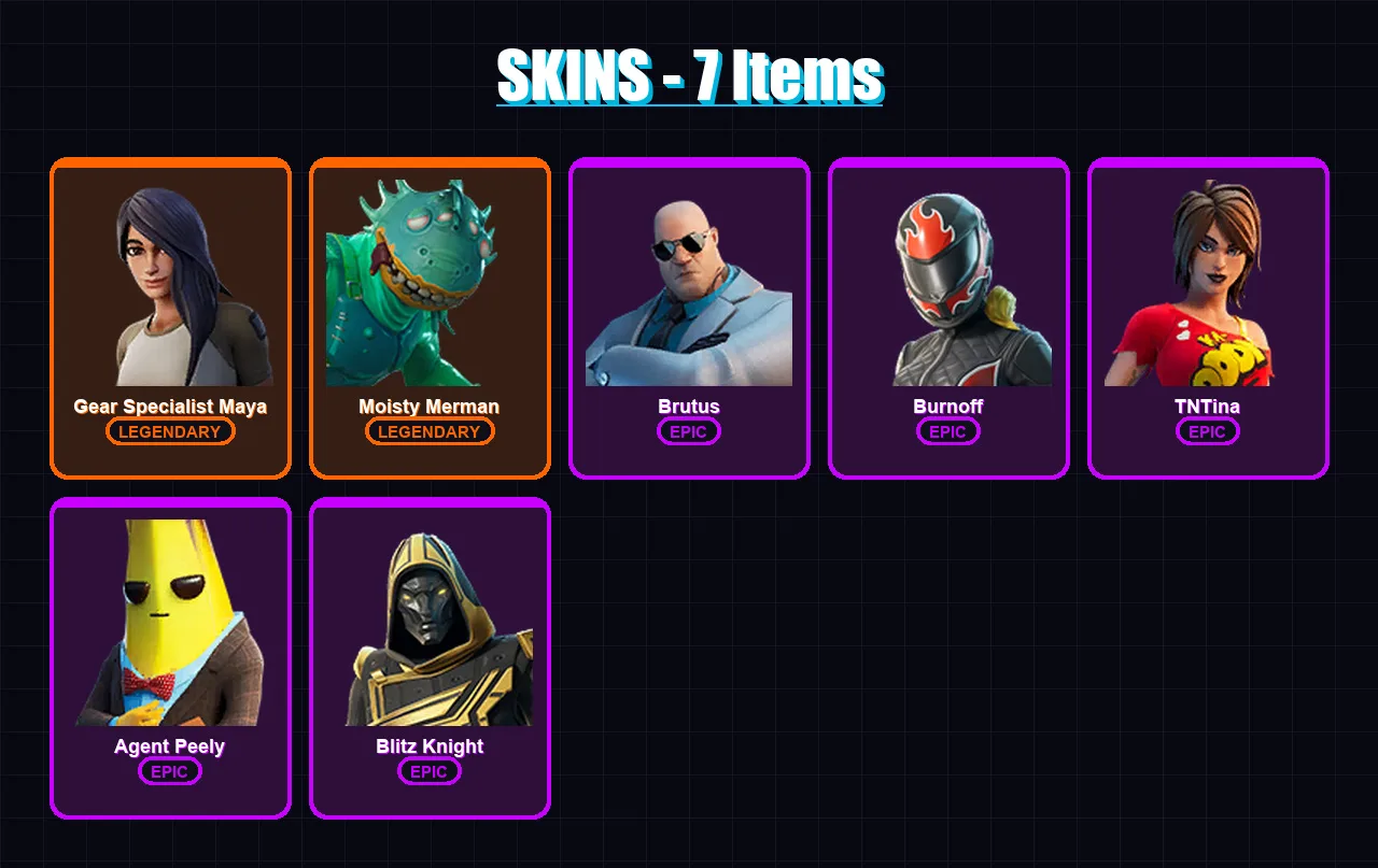 [PS4/PS5/PC] | Gear Specialist Maya | Moisty Merman | Brutus | Burnoff | TNTina | 7 skin | 18 pickaxe | 10 emote | 15 glider | Lv173
