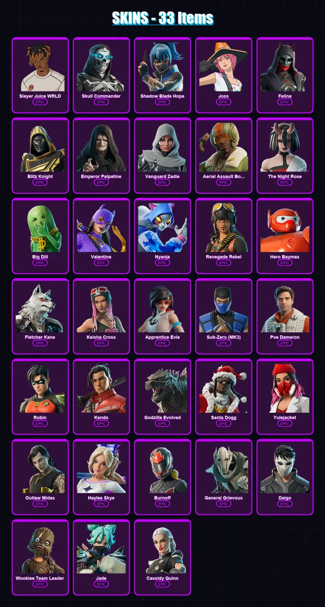 [PC/XBOX/PSN] | Slayer Juice WRLD | Skull Commander | Shadow Blade Hope | Joss | Felina | 33 skin | 57 pickaxe | 38 emote | 39 glider | Lv449 — Fortnite account
