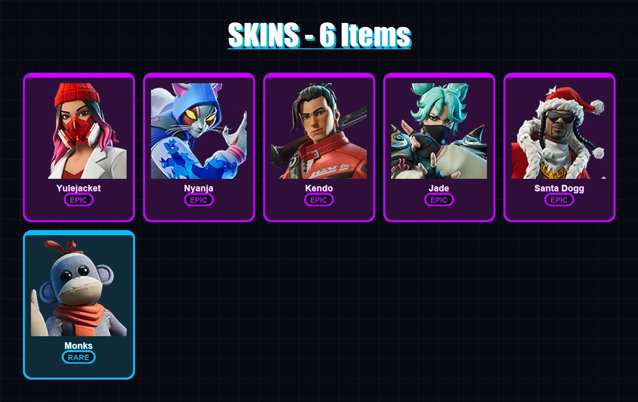 [SWITCH/PSN/PC] | Yulejacket | Nyanja | Kendo | Jade | Santa Dogg | 6 skin | 19 pickaxe | 10 emote | 13 glider | Lv66