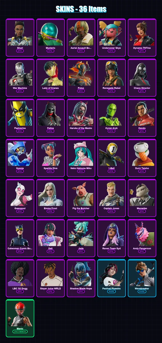[PC/XBOX/PSN] | Shuri | Mysterio | Aerial Assault Bomber | Undercover Skye | Dynamo TNTina | 36 skin | 55 pickaxe | 35 emote | 31 glider | Lv388 — Fortnite account