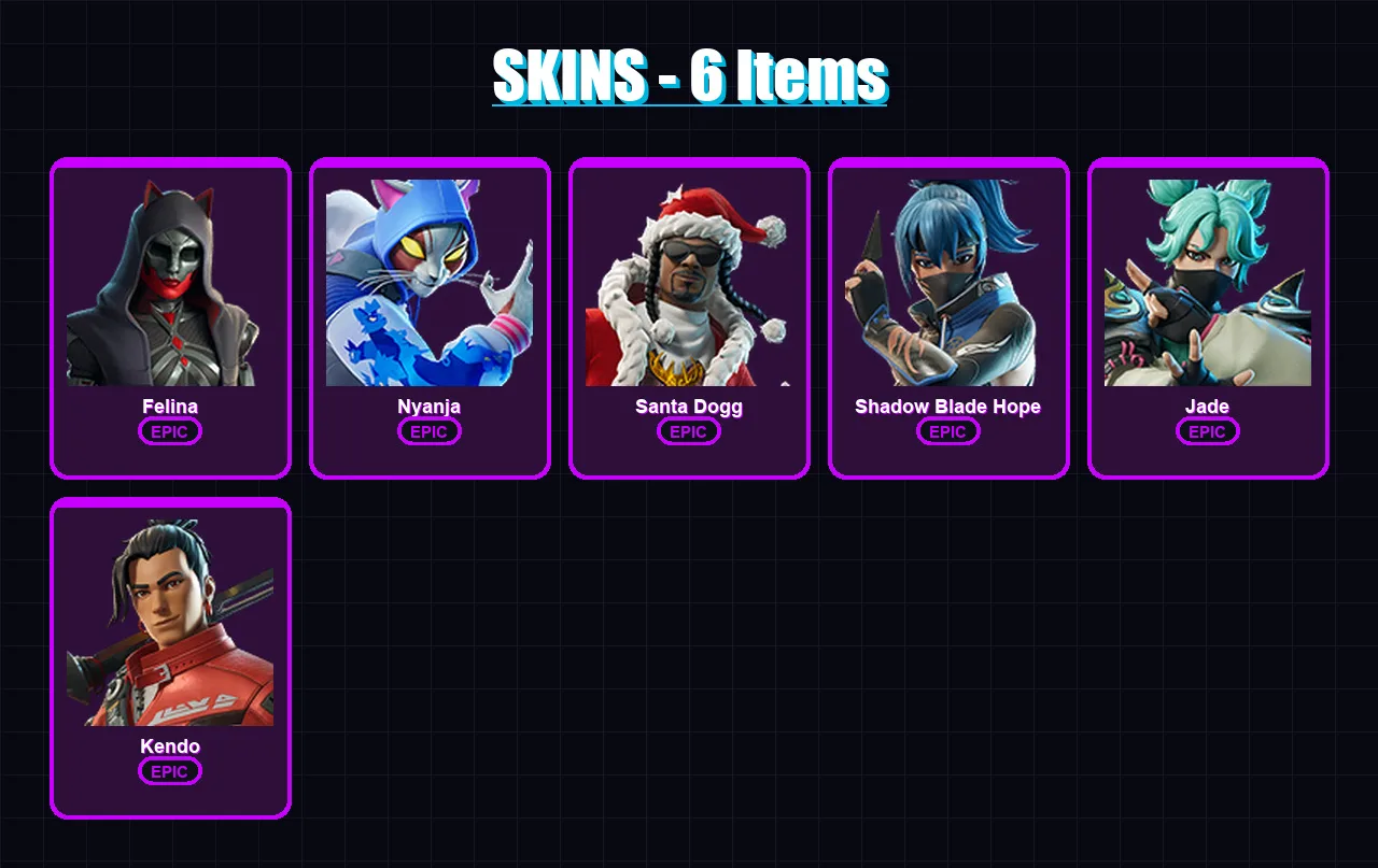 [PC/XBOX/PSN] | Felina | Nyanja | Santa Dogg | Shadow Blade Hope | Jade | 6 skin | 21 pickaxe | 13 emote | 14 glider | Lv227