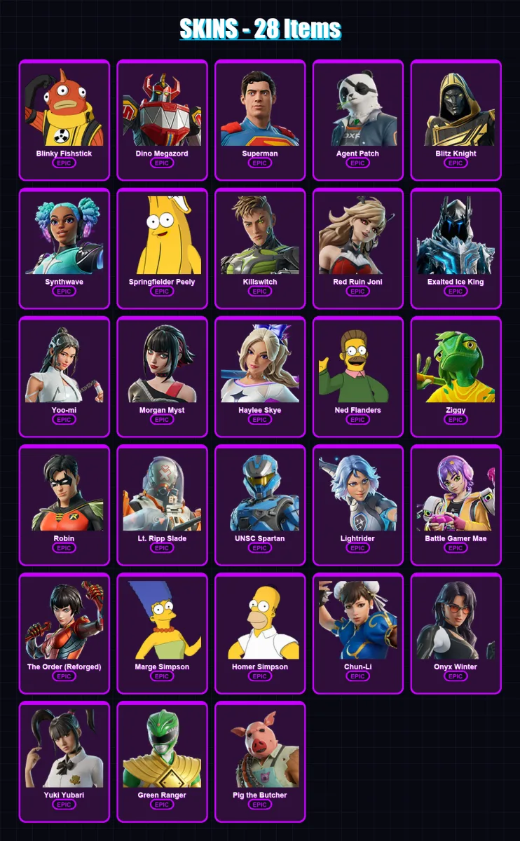 [PC/XBOX/PSN] | Blinky Fishstick | Dino Megazord | Superman | Agent Patch | Blitz Knight | 28 skin | 61 pickaxe | 35 emote | 45 glider | Lv433