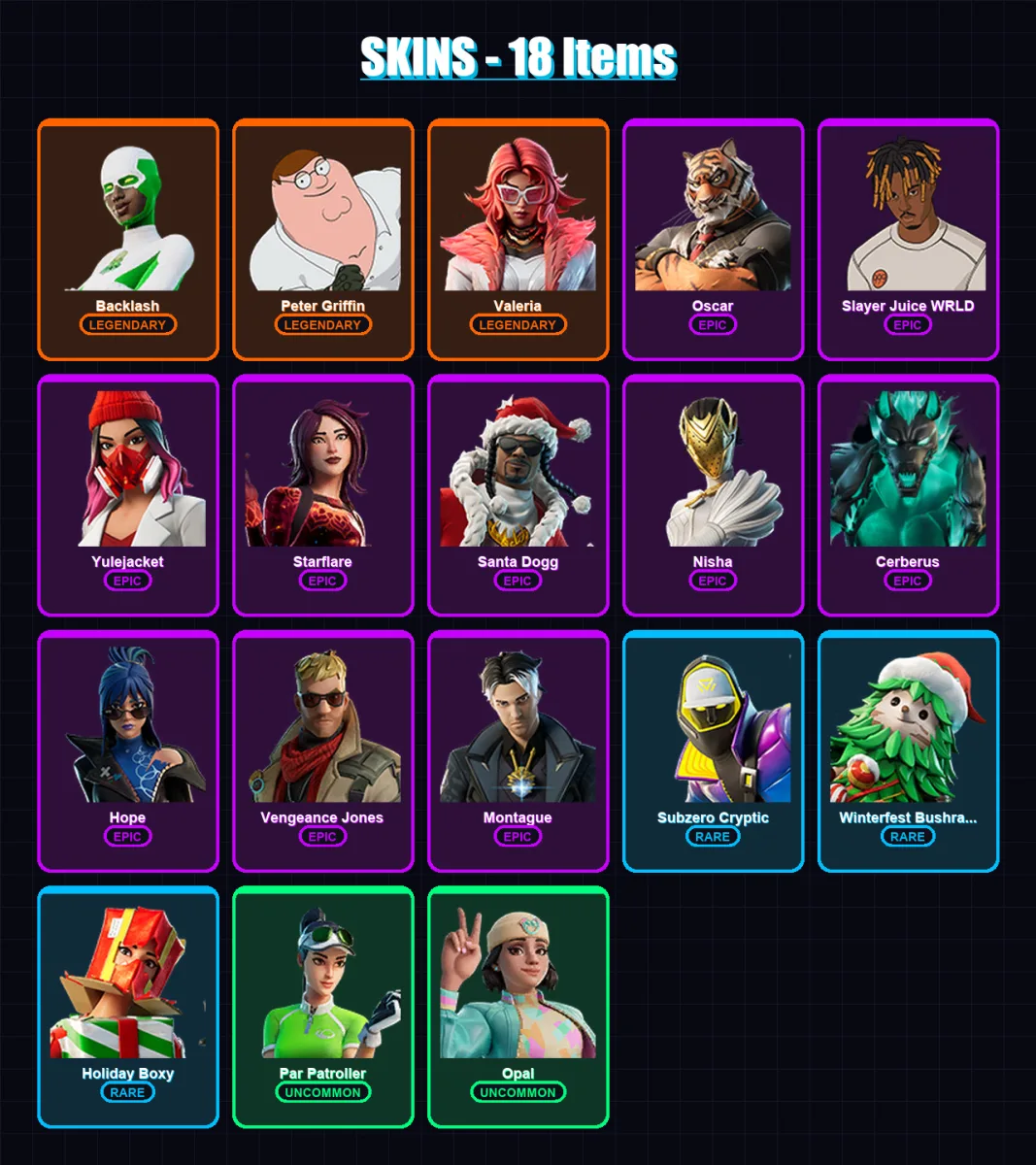 [PS4/PS5/XBOX/PC] | Backlash | Peter Griffin | Valeria | Oscar | Slayer Juice WRLD | 18 skin | 36 pickaxe | 21 emote | 28 glider | Lv536