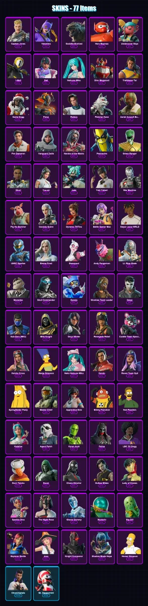 [PC/XBOX/PSN] | Captain Jones | Valentina | Godzilla Evolved | Hero Baymax | Undercover Skye | 77 skin | 122 pickaxe | 77 emote | 77 glider | Lv1121
