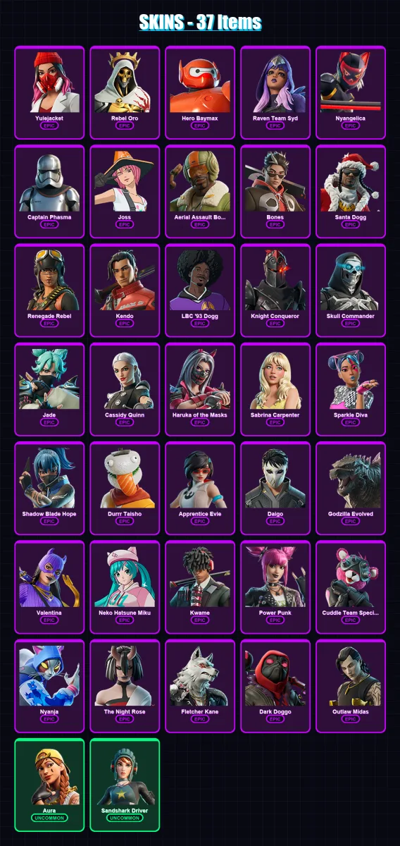 [PC/XBOX/PSN] | Yulejacket | Rebel Oro | Hero Baymax | Raven Team Syd | Nyangelica | 37 skin | 40 pickaxe | 34 emote | 23 glider | Lv237