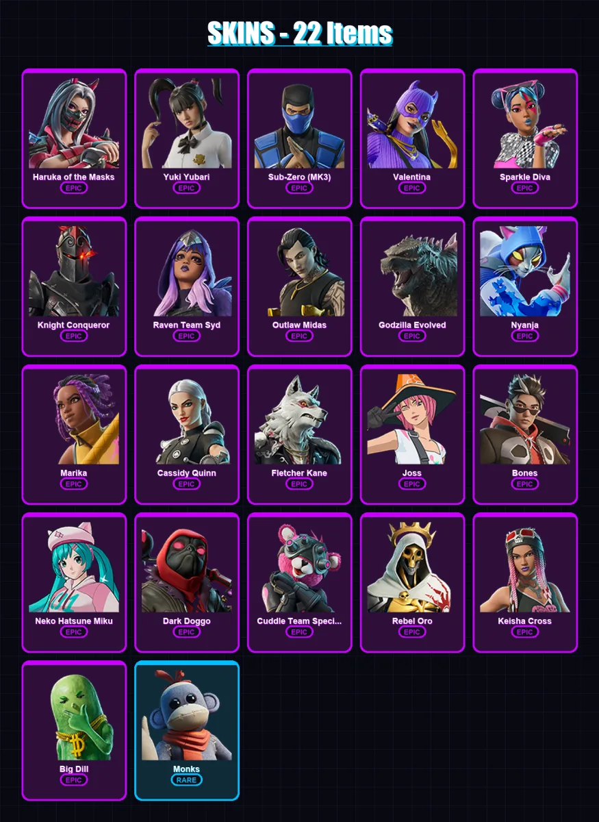 [PC/XBOX/PSN] | Haruka of the Masks | Yuki Yubari | Sub-Zero (MK3) | Valentina | Sparkle Diva | 22 skin | 35 pickaxe | 31 emote | 23 glider | Lv223