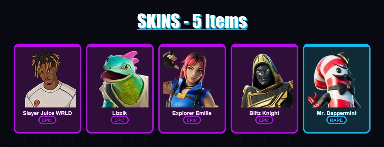 [PS4/PS5/PC] | Slayer Juice WRLD | Lizzik | Explorer Emilie | Blitz Knight | Mr. Dappermint | 5 skin | 16 pickaxe | 9 emote | 10 glider | Lv155