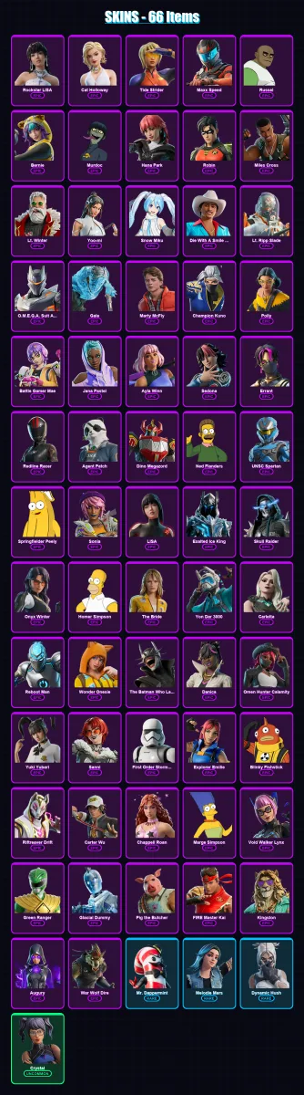 [PC/PSN] | Rockstar LISA | Cat Holloway | Tide Strider | Maxx Speed | Russel | 66 skin | 74 pickaxe | 51 emote | 34 glider | Lv457