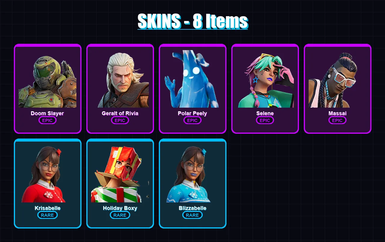 [PC/PSN] | Doom Slayer | Geralt of Rivia | Polar Peely | Selene | Massai | 8 skin | 30 pickaxe | 24 emote | 39 glider | Lv383