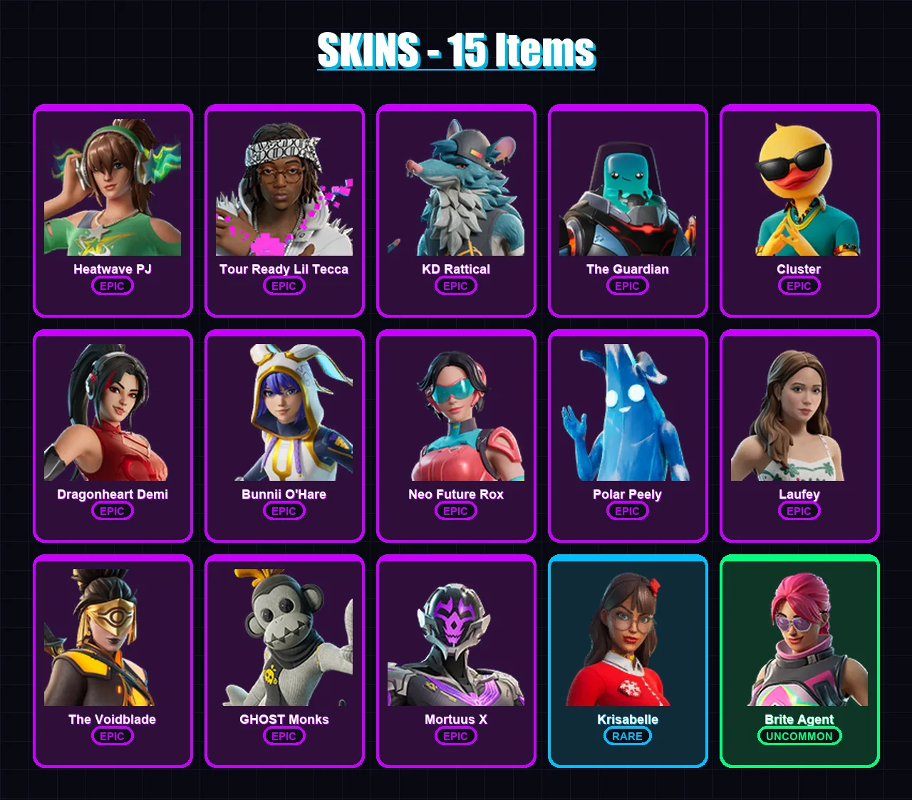 [PC/XBOX/PSN] | Heatwave PJ | Tour Ready Lil Tecca | KD Rattical | The Guardian | Cluster | 15 skin | 25 pickaxe | 17 emote | 19 glider | Lv130