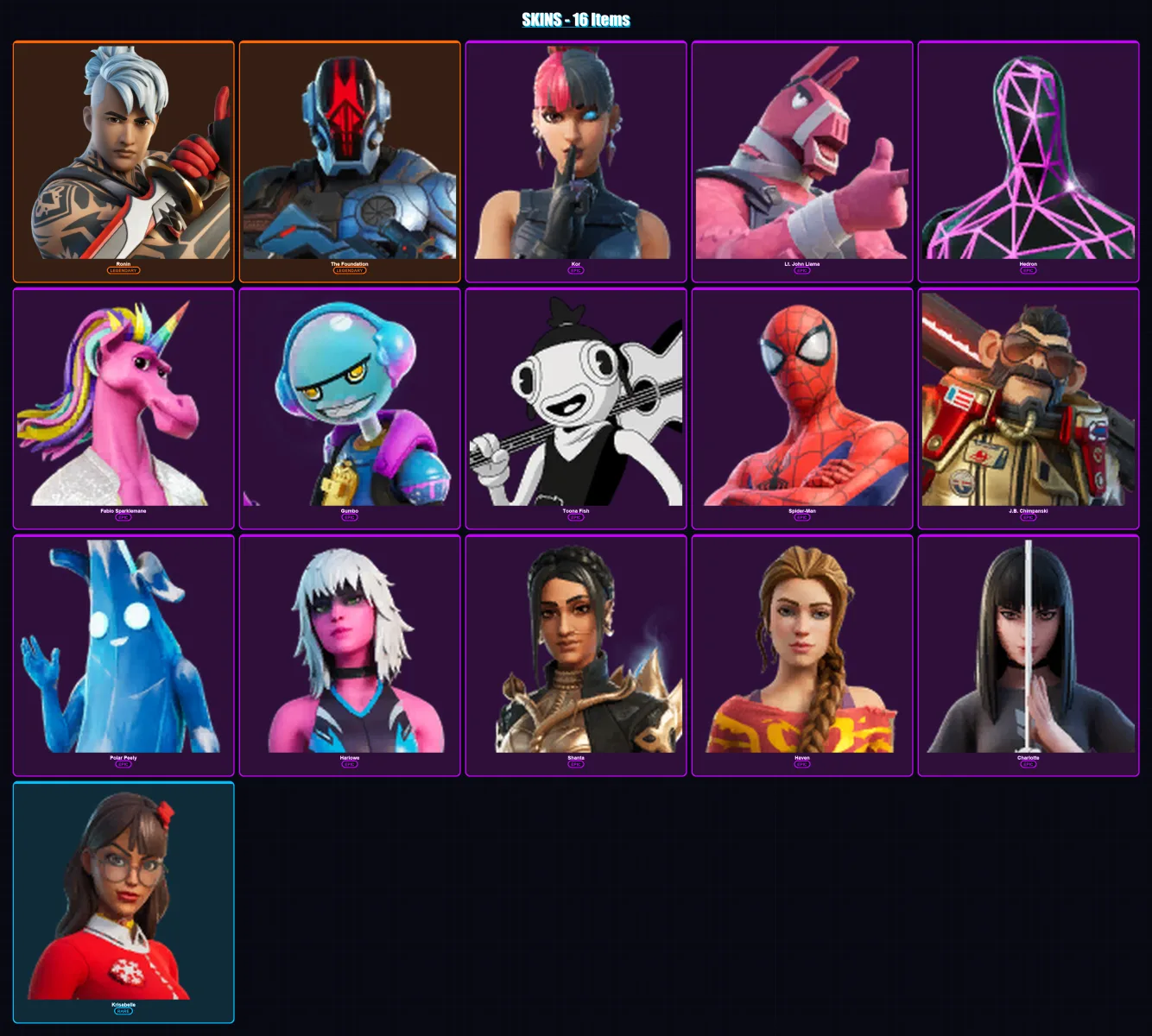 [PS4/PS5/XBOX/PC] | Ronin | The Foundation | Kor | Lt. John Llama | Hedron | 16 skin | 24 pickaxe | 15 emote | 22 glider | Lv308