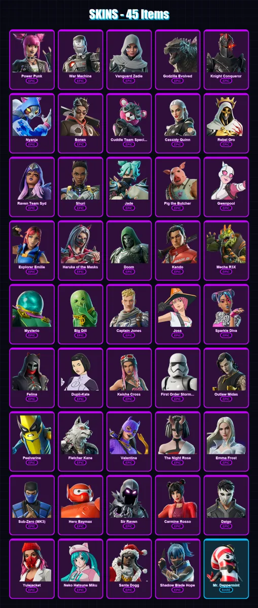 [PC] | Power Punk | War Machine | Vanguard Zadie | Godzilla Evolved | Knight Conqueror | 45 skin | 88 pickaxe | 66 emote | 62 glider | Lv909